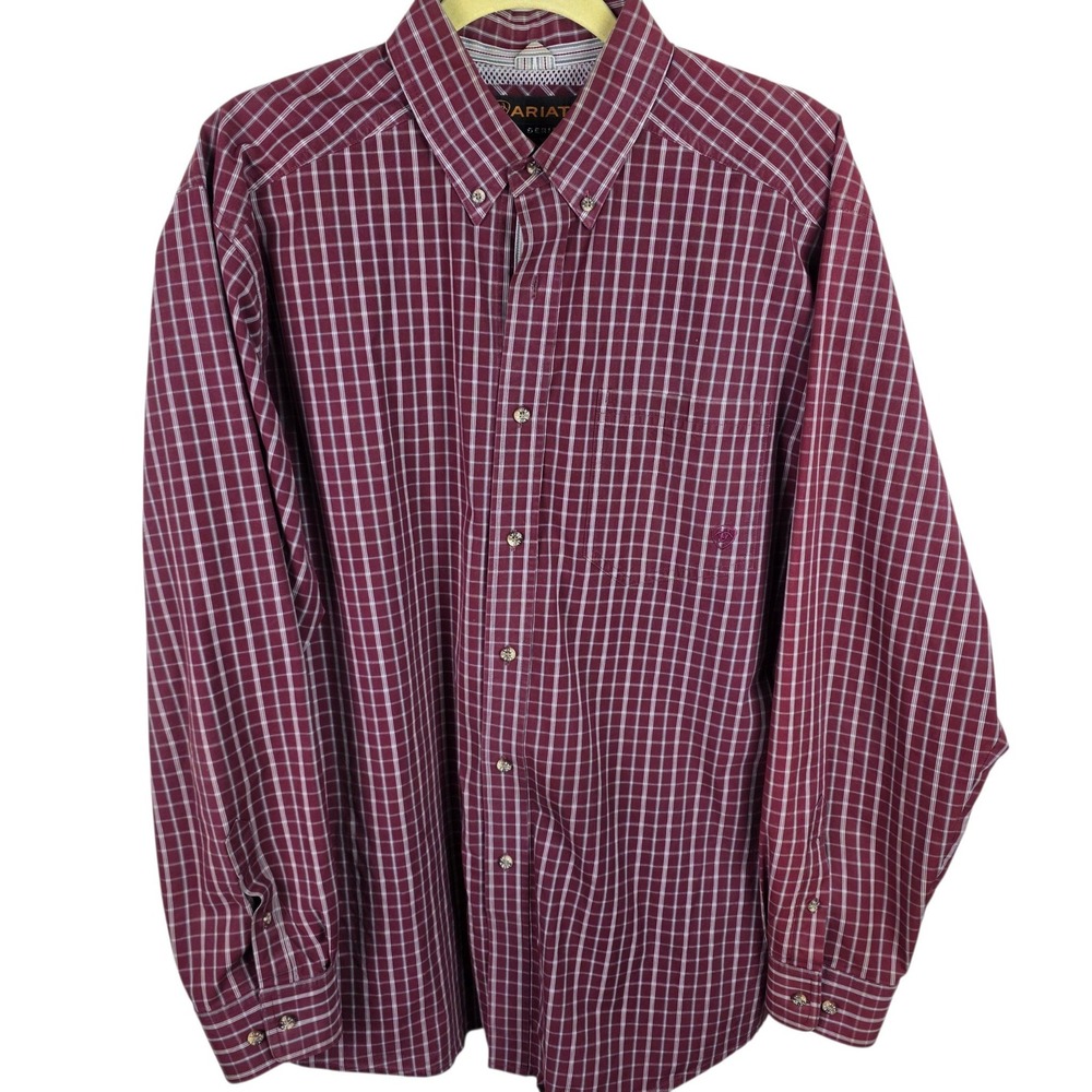 Ariat Pro Series Shirt Mens Large Burgundy Good Plaid Long Sleeve Western Button